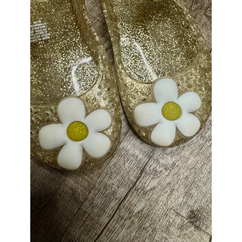 Toddler Girls Gold Glitter Jelly Shoes Daisy Flower Mary Jane Flats Size 7